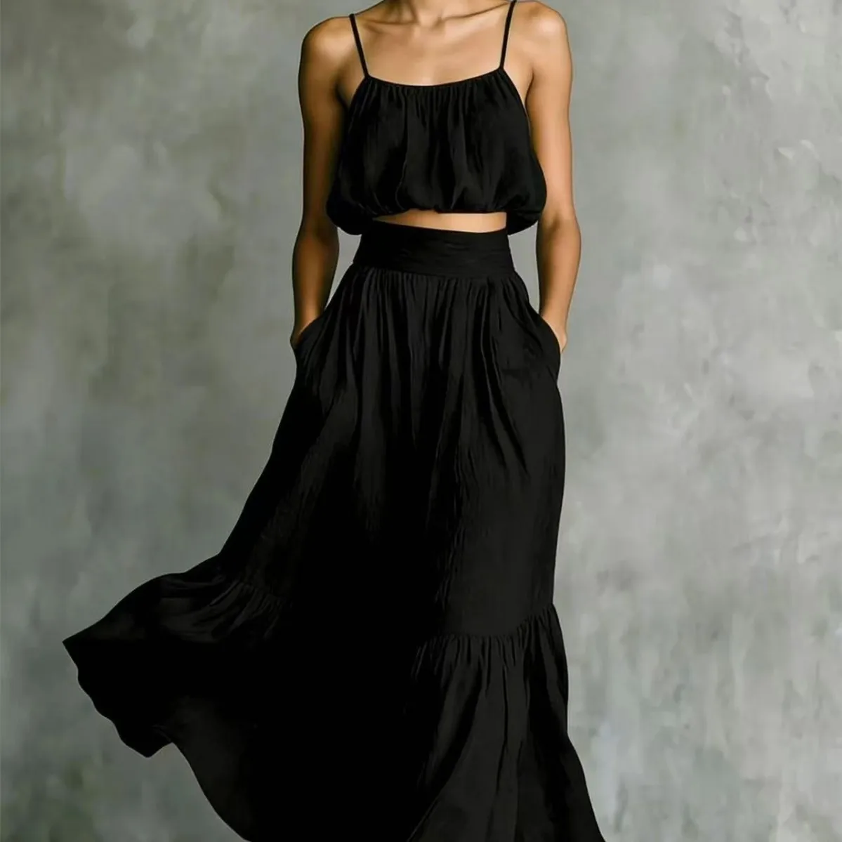 

Summer New Casual Women's Halter Top HIgh Waist Pleated Wide Skirt Solid Color