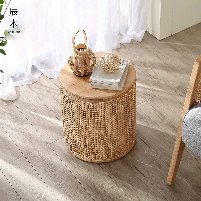 Rattan Woven Nordic Round Solid Wood Wabi-sabi Living Room Sofa Balcony Tea Table Simple Can Be Contained Corner Several