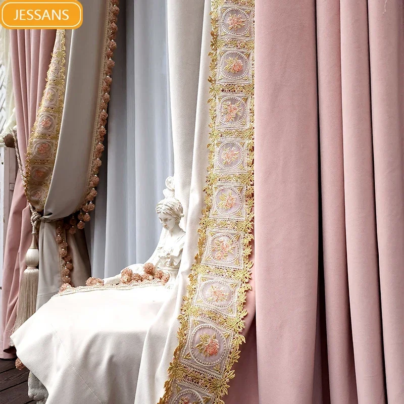 Heavy Industries Embroidery Pink Velvet Splicing Light Blocking Curtains for Living Room Bedroom Villa Customized Products