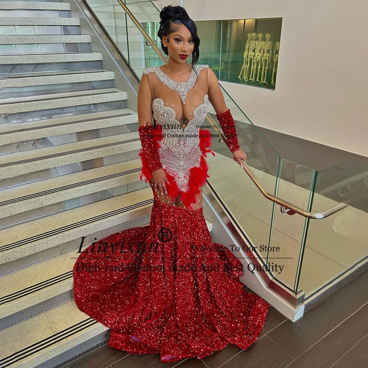 Glitter Crystal Red Long Mermaid Prom Dress For Black Girls Sparkly Rhinestones Evening Dress Formal OPen Back Party Gowns