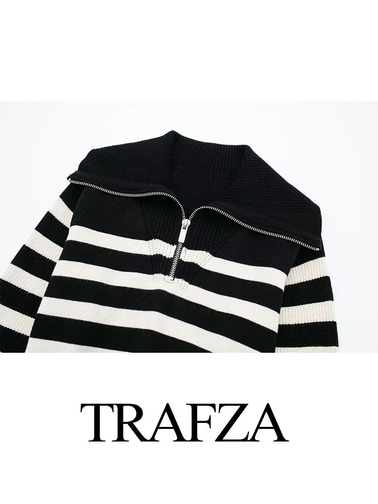 TRAFZA-Pull à Rayures Blanches et Noires pour Femme, Col Rabattu, Manches sulf, Fermeture Éclair, Décontracté, à la Mode, Printemps