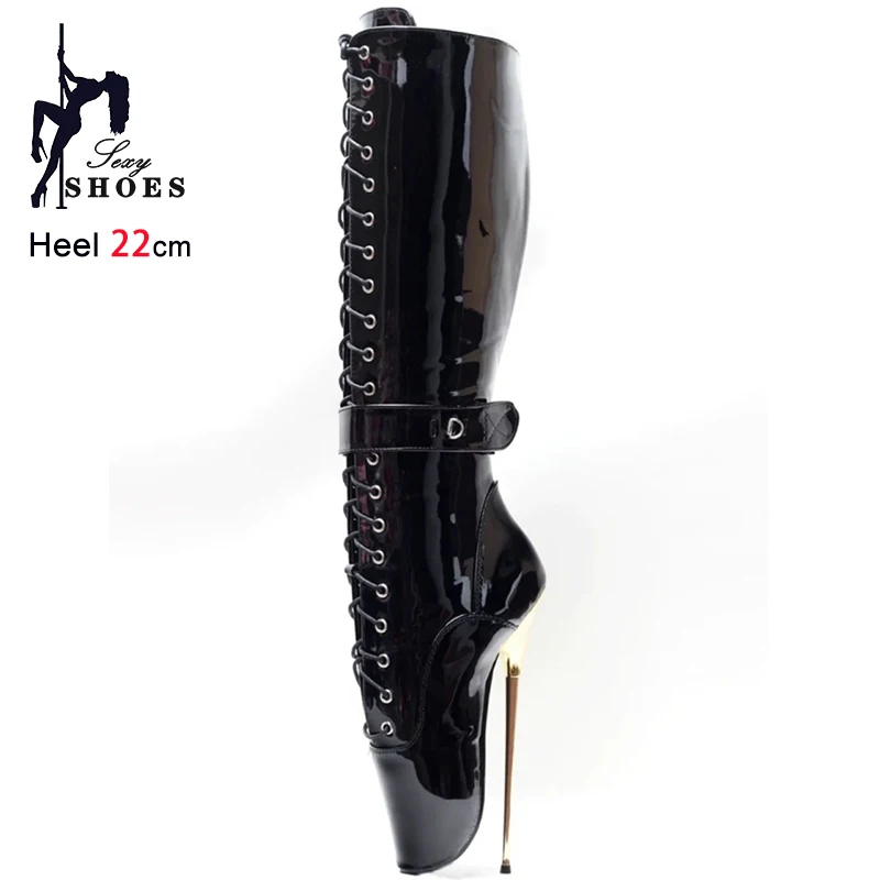 

22CM Stiletto Super High Heel Mid-calf Boots Lock Wrap Strap Black Length Ballet Boots Gothic Fetish Shoes For Women Size 35-46
