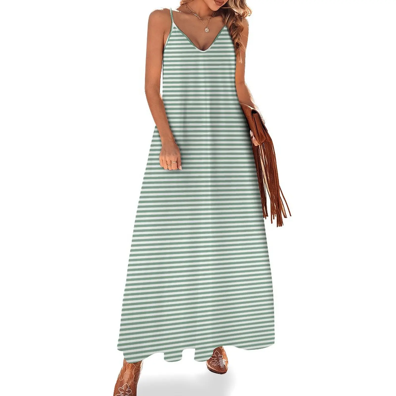 

Sage Green and White Horizontal Sailor Stripes Sleeveless Dress Dresses beach dresses Dress
