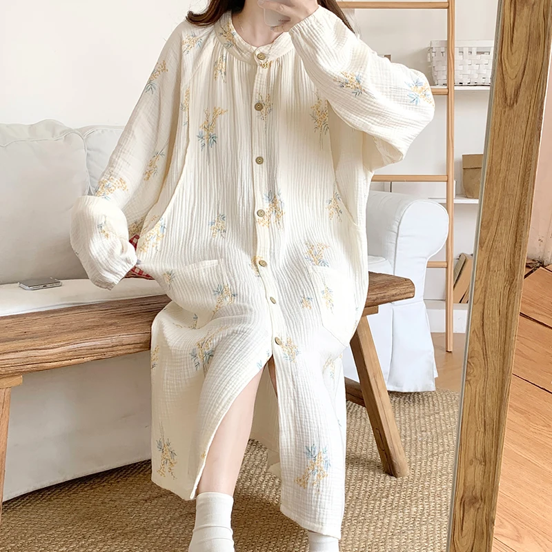 100% Cotton Double Gauze Nursing Night Dress for Maternity Long Sleeve Floral Printed Sleepwear for Pregnant Women Home Hospital