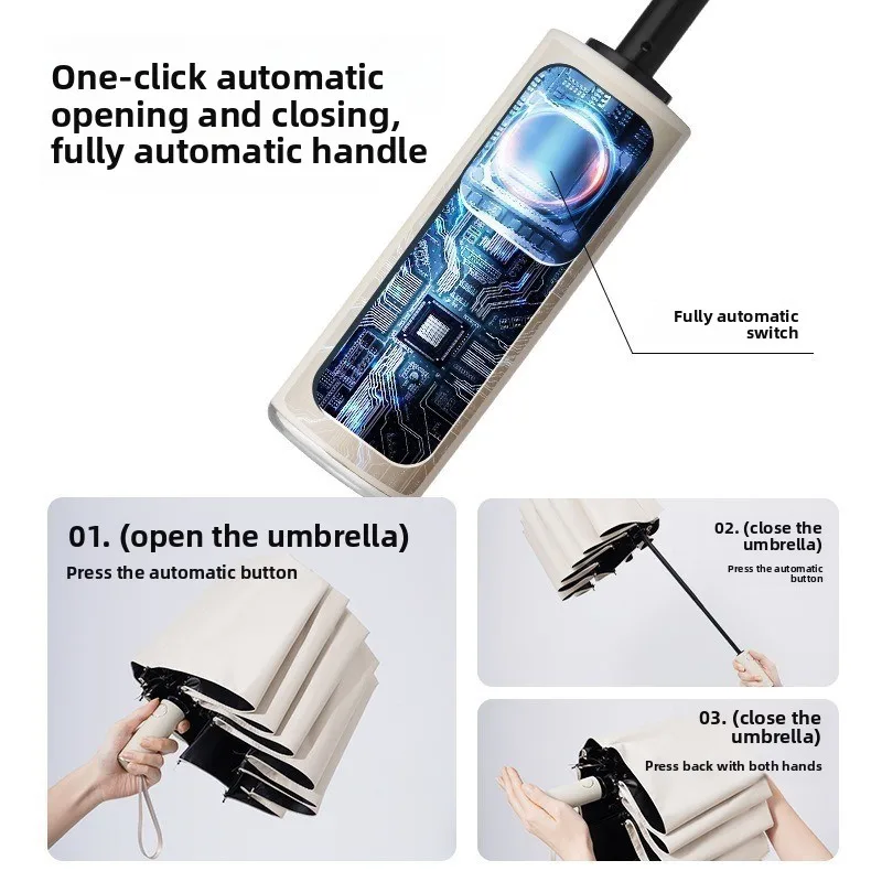 

12 Ribs Black Glue Auto Open Close Umbrella Windproof Reinforced Keel 3-Fold Portable UV Protection Sun Rain Folding Umbrella