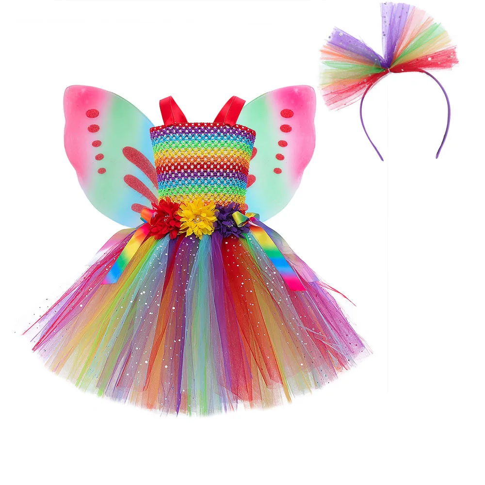 

Girls Rainbow Tulle Dress Kids Butterfly Fairy Tutu Dresses with Wing Headwear Children Carnival Elf Flower Costume for 2-12Year