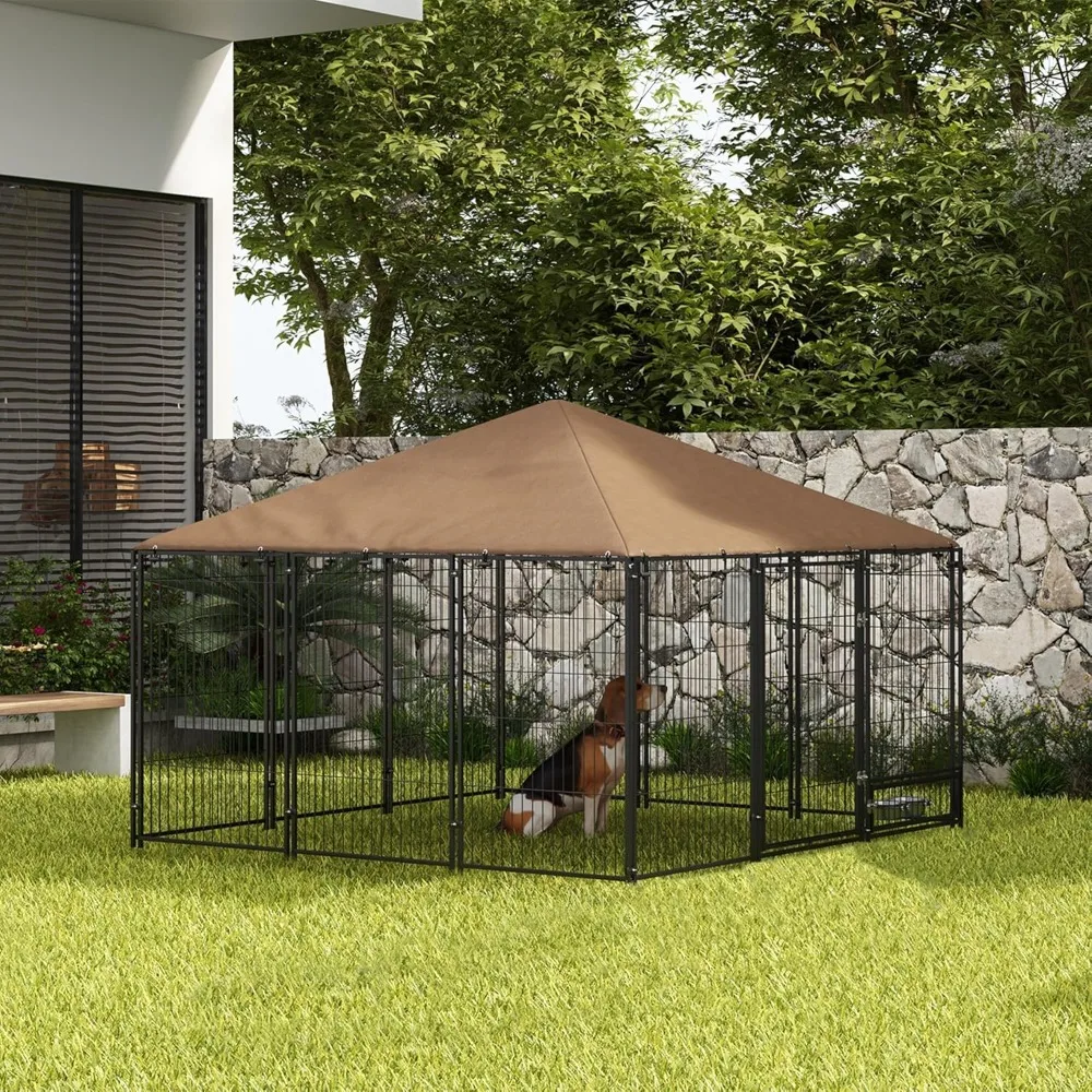 Outside Dog Kennel, 6.9' x 6.9' x 5' Puppy Play Pen with Canopy, Garden Playpen Fence Crate Enclosure Cage Rotating Bowl, Black