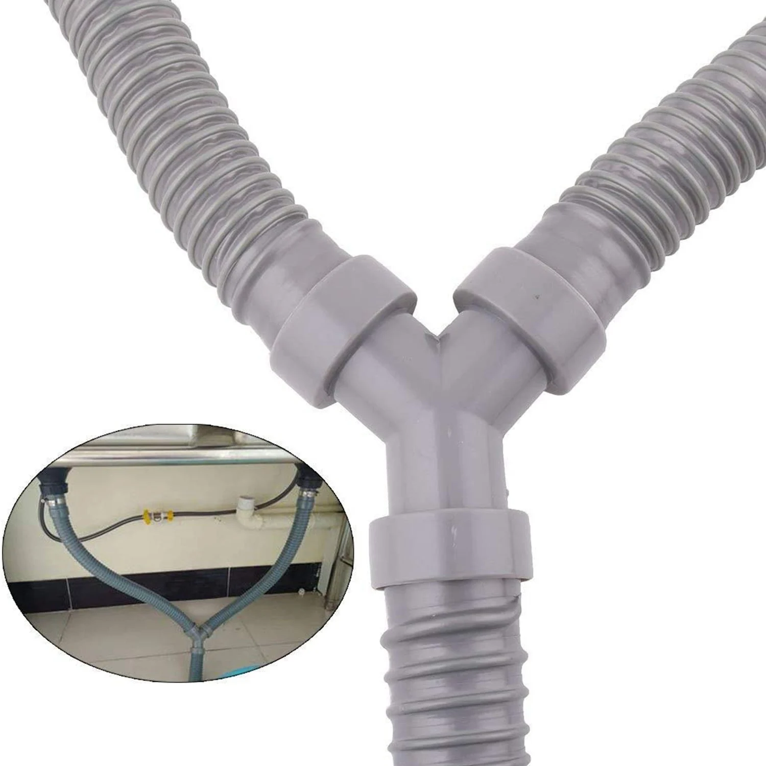M05K 3.5Ft Washing Machine Pvc Y Shaped Drain Discharge Hose Washer Pipe Connector , Rotary Interface,with 2 Waterproof Rings