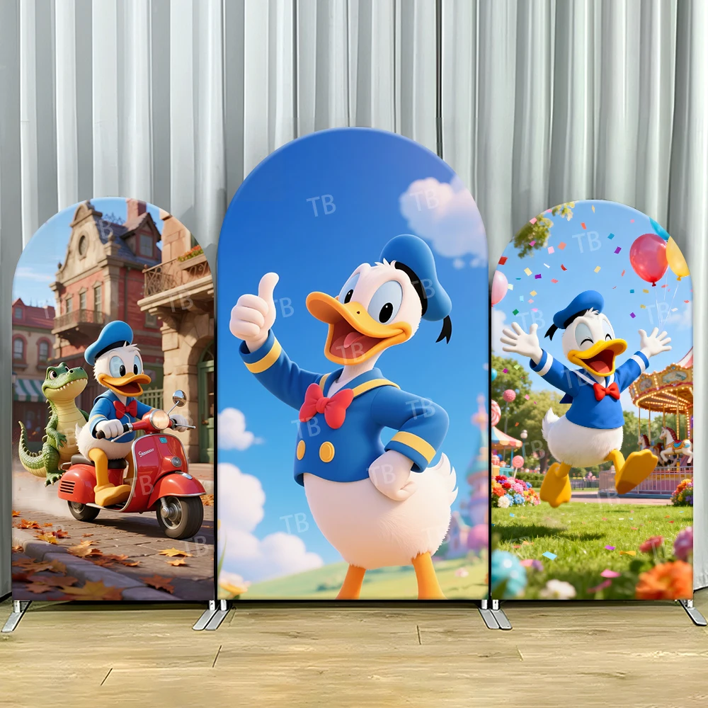 

Donald Duck Fun Arch Backdrop Cover Scooter Carnival Scene For Kids Birthday Party Lively Cartoon Theme Photo Booth Decor Prop