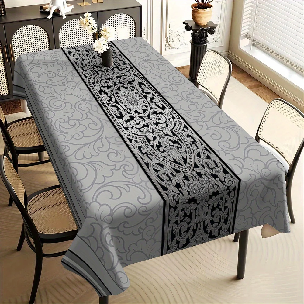 1pc Baroque Ornate Tablecloth Grey Black Elegant Home Dining Decor,Aesthetically Pleasing and Durable