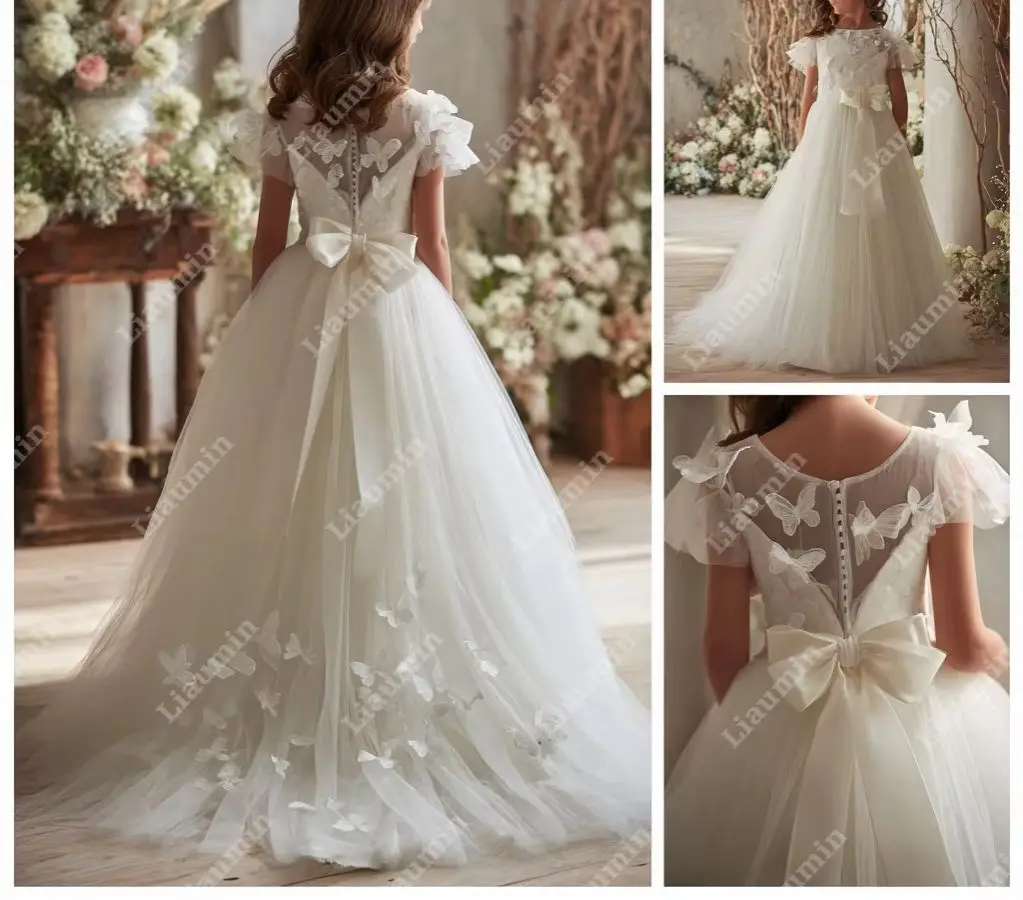 꽃 파는 소녀 드레스 나비 아플리케가 있는 캡 슬리브 웨딩 프린세스 첫 성찬식 가운 미인 대회 스커트 맞춤형 W1.1.33