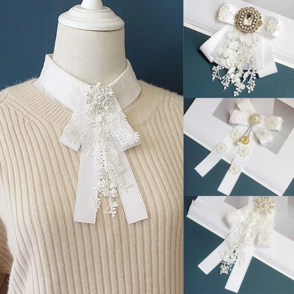 

White Lace Bow Ties Jewelry Accessories Neck Decoration Bowknot Brooches College Style DIY Crystal Rhinestone Bowtie Girl