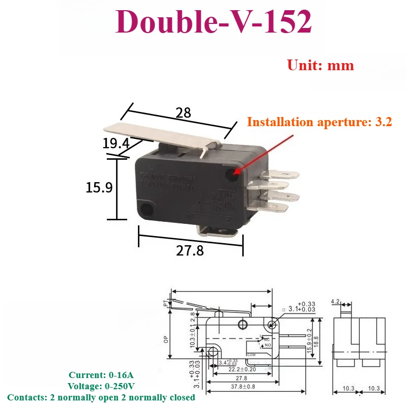 1 piece is suitable for micro switch V-152/V-154/V-156, V-15 double button, 6 feet, stroke limit switch, double normally open