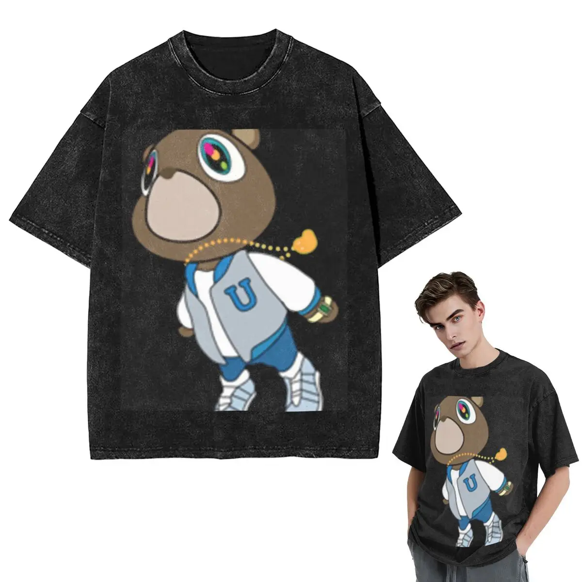 

Футболки Kanye West Dropout Bear Chicago Vintage Graduation Washed Футболка с коротким рукавом Хип-хоп Футболка Топы Футболки для мужчин и женщин