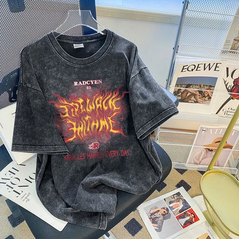 

Waed Flame Print ort Sve T-irt ex Summer High Street Trendy Brand Couple Vintage Top American Street Hip Hop Sle