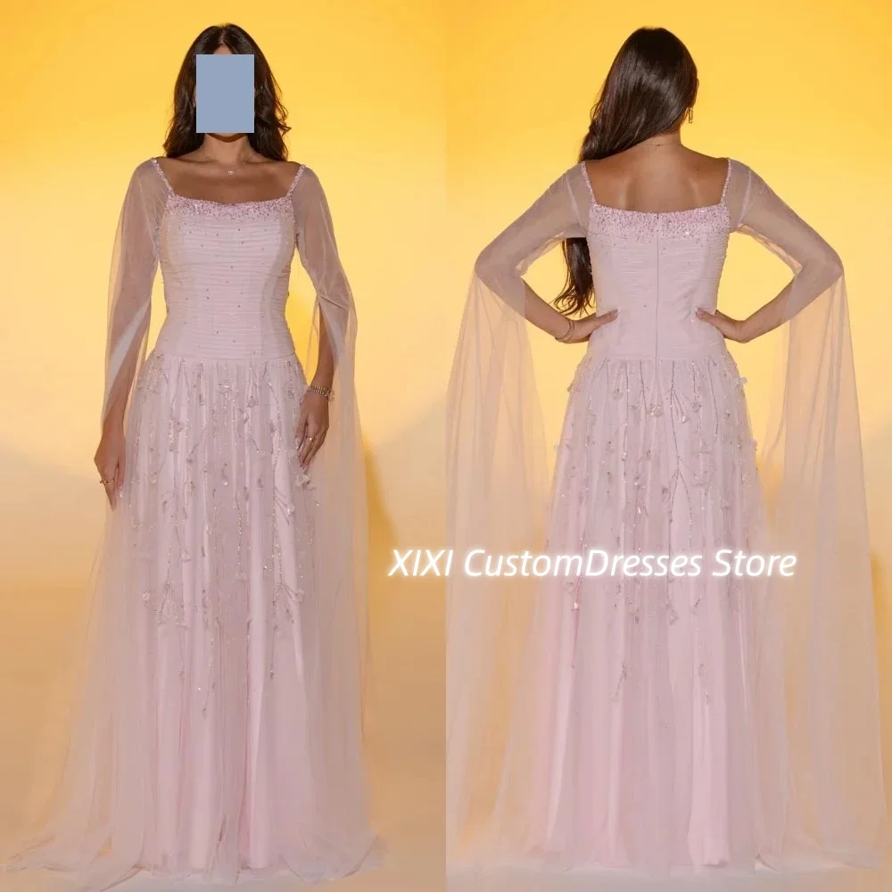 

A-Line Flowers Customize Dresses For Women Square Neckline Floor-Length Zipper Up Women'S Evening Dresses Cap Straps Vestidos De