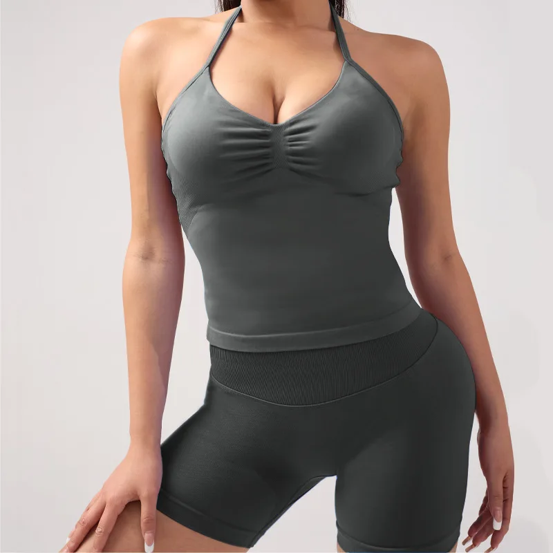 Seamless High Neck Sports Bra Vest with Built in Support and 3 Section Waist Yoga Shorts 3 Inch Gym Outfit Set for Women