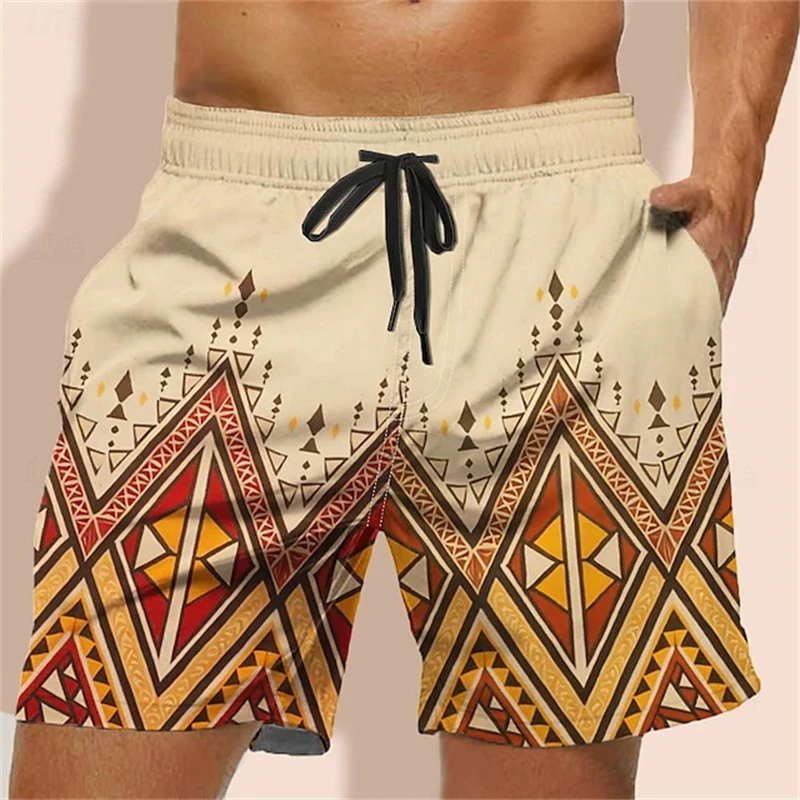 Hawaiian Ethnic Pattern Beach Shorts For Men Geometric Pattern 3D Printed Swimming Trunks Unisex New Summer Vacation Short Pants