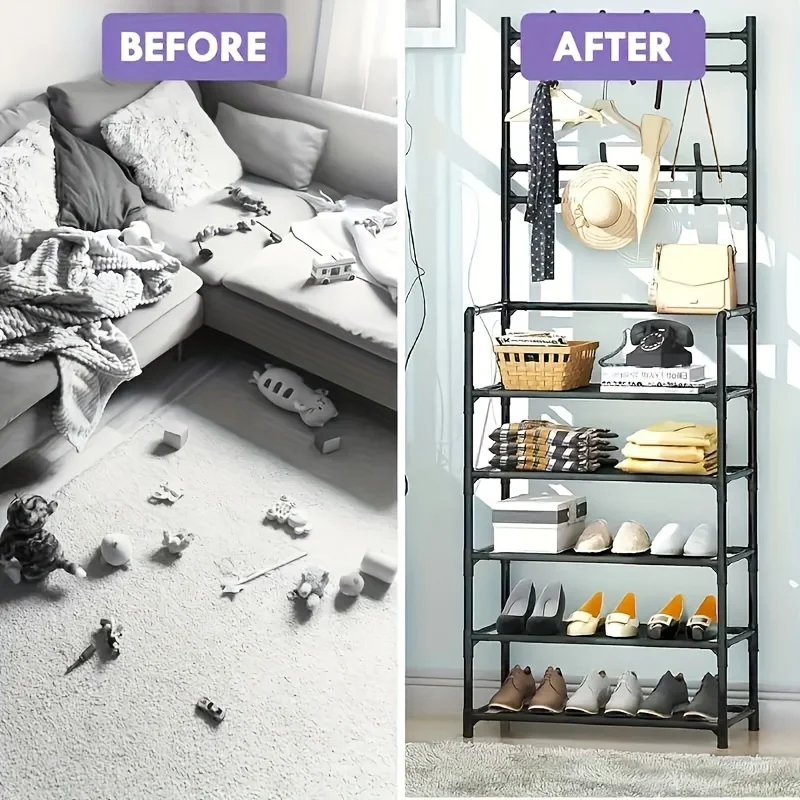 Multifunctional Metal 5-layer Shoe and Hat Storage Rack -24 Inches with Detachable Hooks,Multi-layer Design,Home and Apartmen