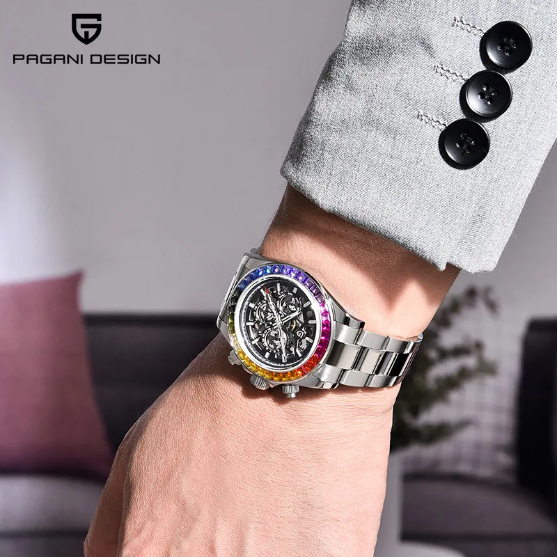 PAGANI DESIGN 40mm Fashion Rainbow Bezel Men Mechanical Wristwatch Luxury Sapphire Glass Hollow Out Automatic Watch For Men