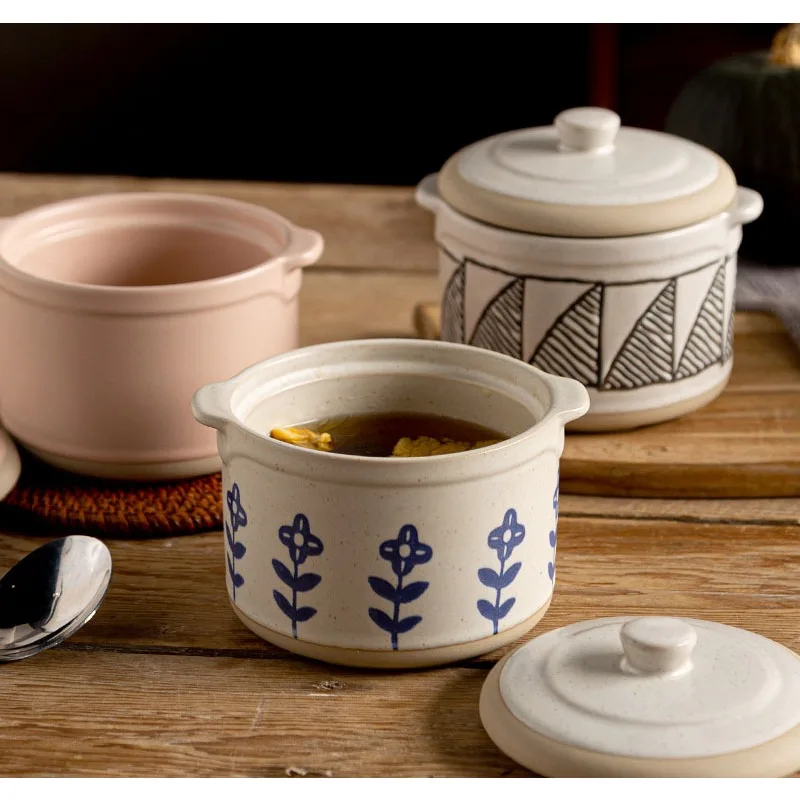 Japanese Style Coarse Pottery Stew Pot with Lid Water-proof Stew Pot Household Bird's Nest Steaming Egg Bowl Ceramic Cookware