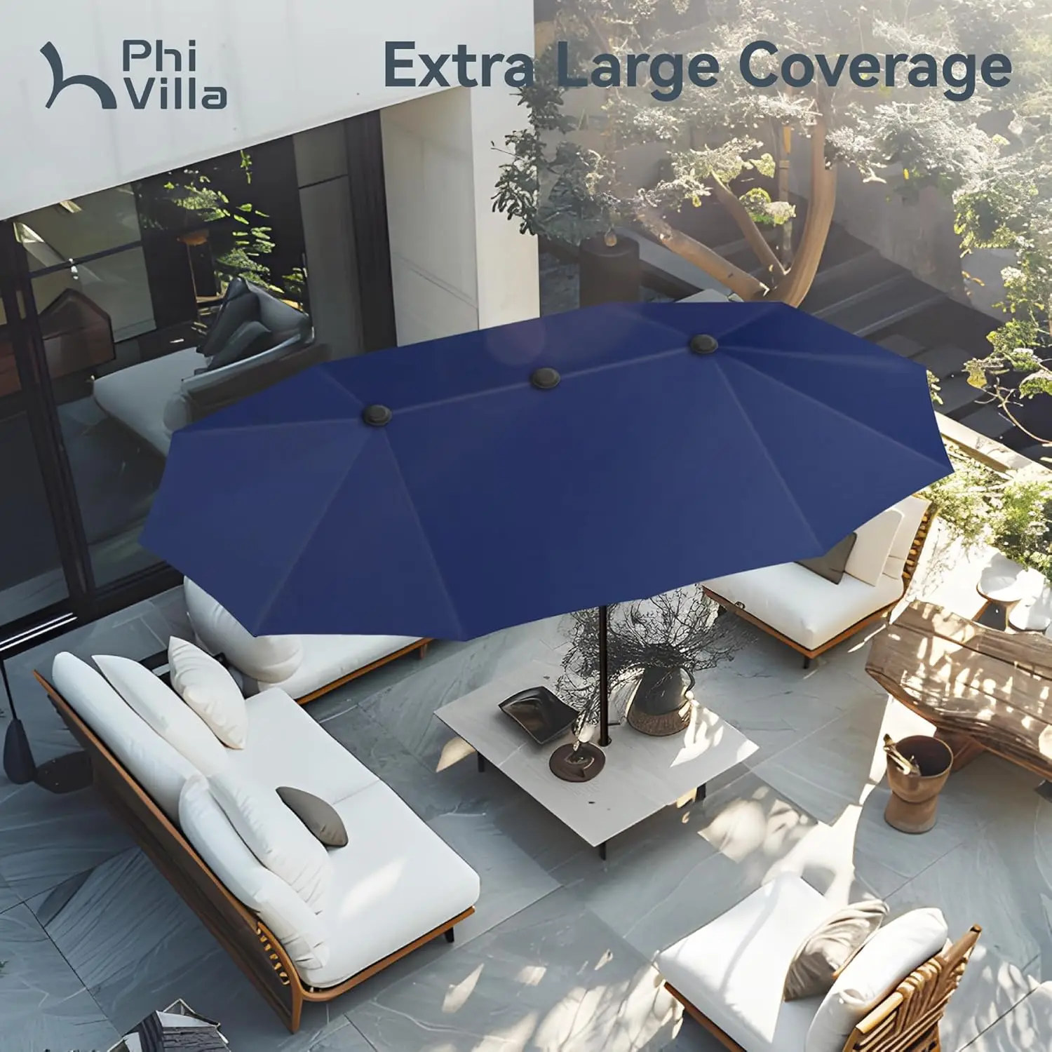 13ft Outdoor Market Umbrella Double-Sided Twin Large Patio Umbrella with Crank, Navy Blue