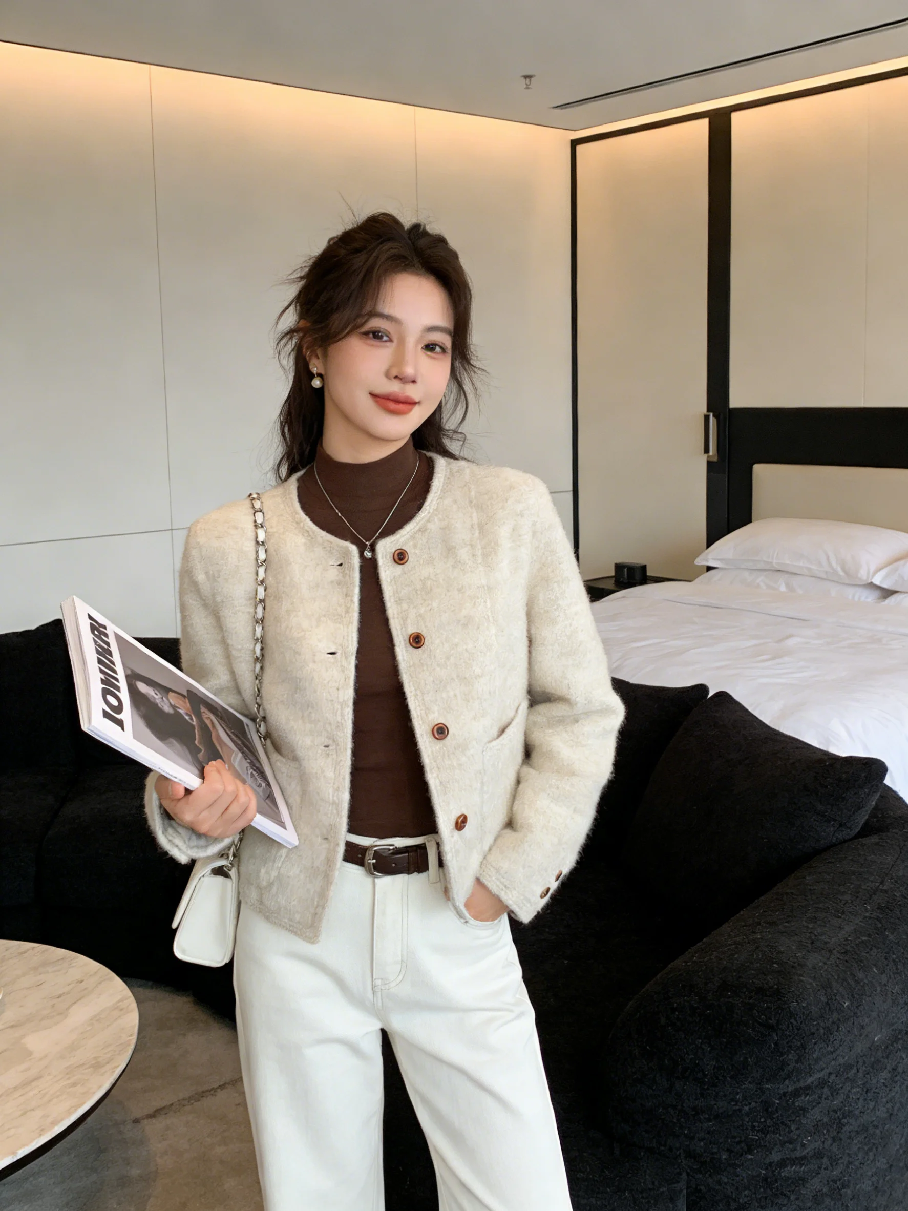 

Ele Retro Spring Autumn Woolen Coat Faionable Korean Sle Straight Cut Long Sve round Ne ort Korean Faion Out...
