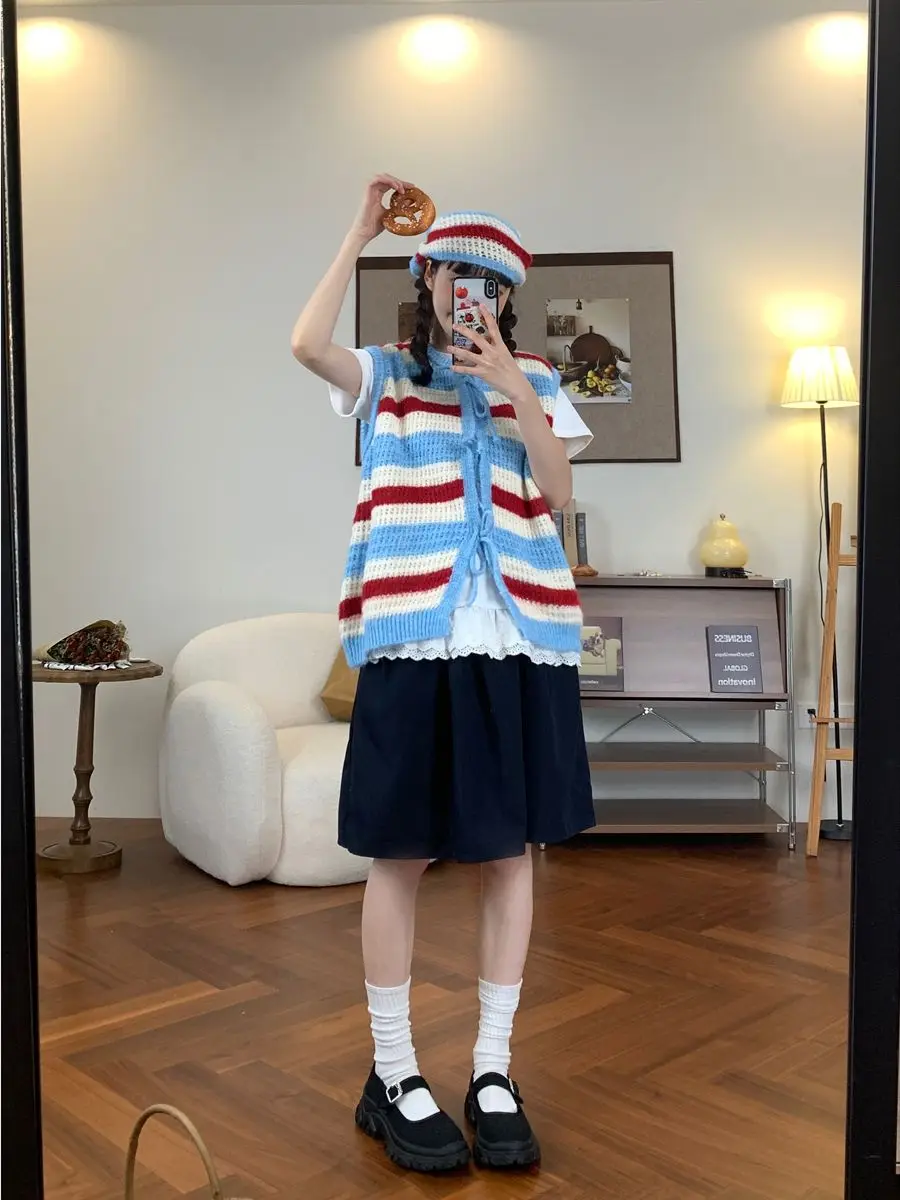 

Vests Waistcoats Thin Womens Vest In Sleeve Autumn Corduroy Stand Collar Patchwork Adjustable Argyle British Style Waistcoat Y2K