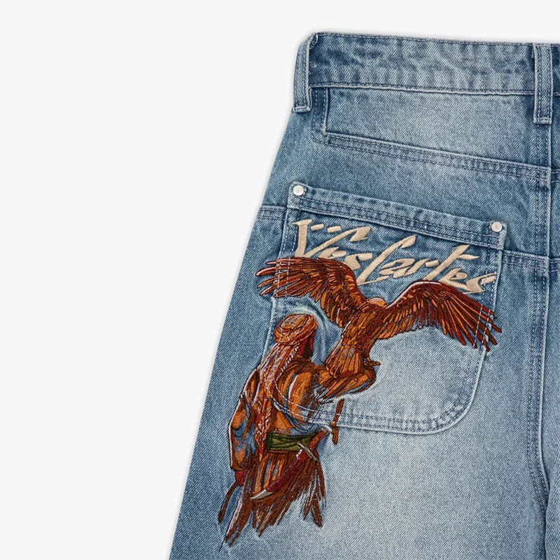 Y2K الجينز المغسول المتعثرة خمر النسر التطريز عالية الخصر مريحة واسعة الساق الجينز الرجال النساء موضة الهيب هوب الشارع الشهير