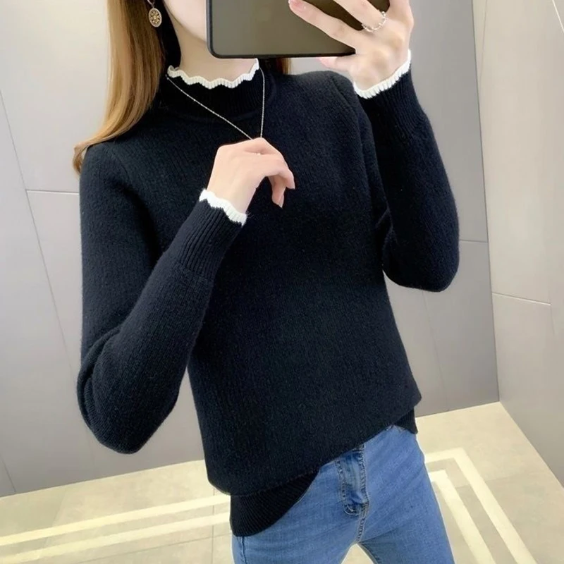 Winter Wave Half High Collar Knitted Sweater Women Korean Fashion Plush Velvet Long Sleeve Knitwear Jumper Thick Bottoming Top