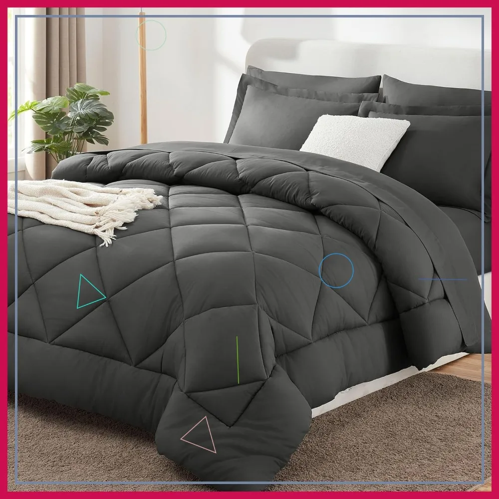 

Комплект постельного белья Queen Size из 7 предметов, темно-серый, всесезонный, роскошный, мягкий, с одеялом, простынями и наволочками