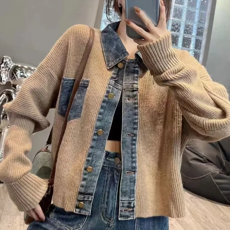 2023 Autumn/Winter New Gentle and Lazy Knitted Cardigan Design with Unique Denim Splice Short Sweater Coat for Women