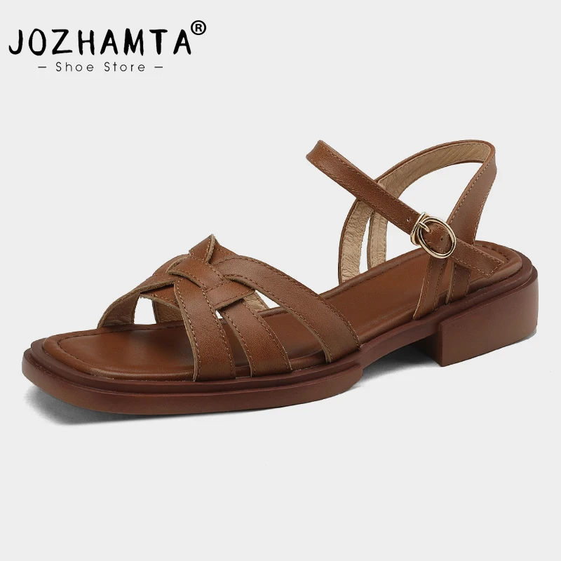 JOZHAMTA Size 34-43 Women Flats Gladiator Sandals Real Leather Ankle Strap Chunky Low Heels Summer Shoes Casual Office Daily