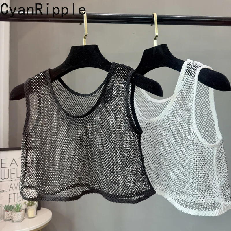 Blingbling Shiny Mesh Hot Diamonds Women Tank Top Round Neck High Waist Bare Midriff Crop T-shirt Sleeveless Sexy Lady Camisole