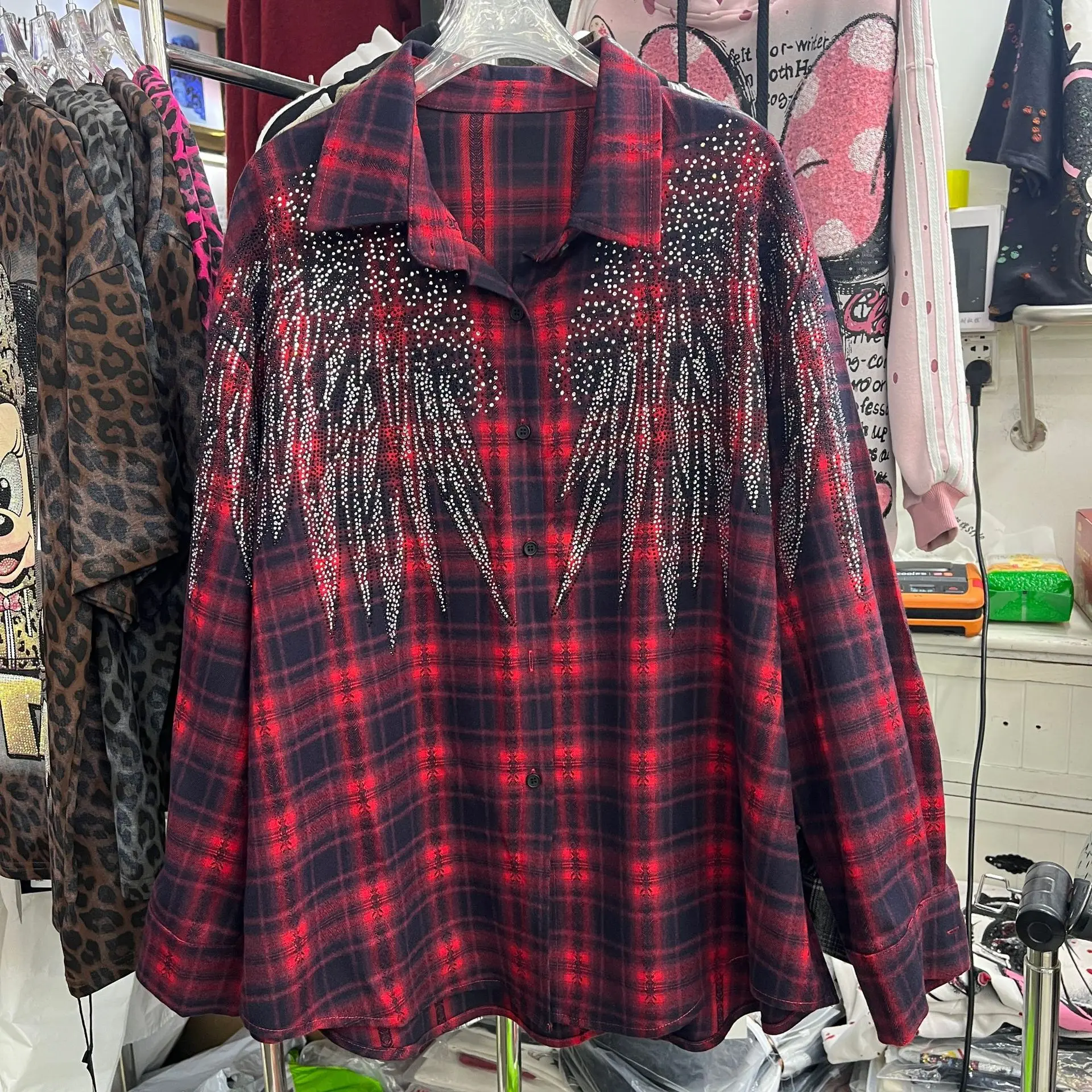 

SuperAen Spring 2026 New Korean Style Winged Diamond Pattern Loose Mid-Length Long-Sleeved Plaid Cardigan Shirt