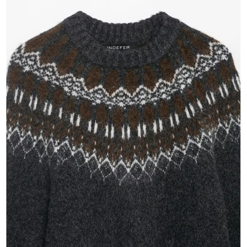 เสื้อสเวตเตอร์ถักลายแจ็คการ์ดสำหรับผู้หญิง สไตล์วินเทจ อุ่นสบาย คอกลม ลำลอง แฟชั่น แขนยาว เสื้อสตรีทแวร์