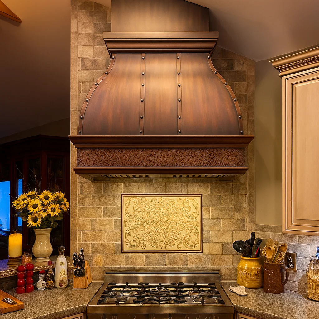 Custom Handcrafted Copper Range Hood Rivets French Country European Revival Vent Hood for Boutique Hotel Villa Kitchen Design