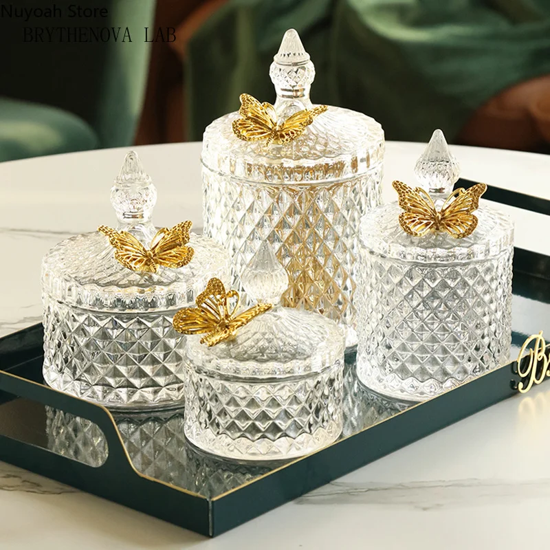 Diamond Glass Candy Jar Household Candle Jar Butterfly Lid Storage Decorative Desktop Box Ornaments Modern Home Decoration