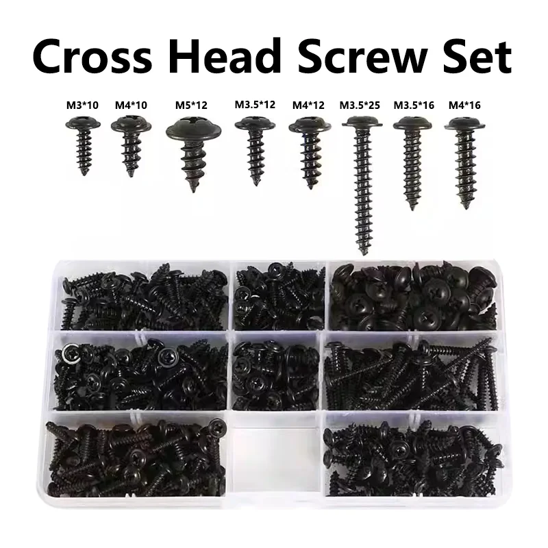

340 шт./коробка M3 M3.5 M4 M5 Черный Самонарезающий винт из углеродистой стали с плоской головкой