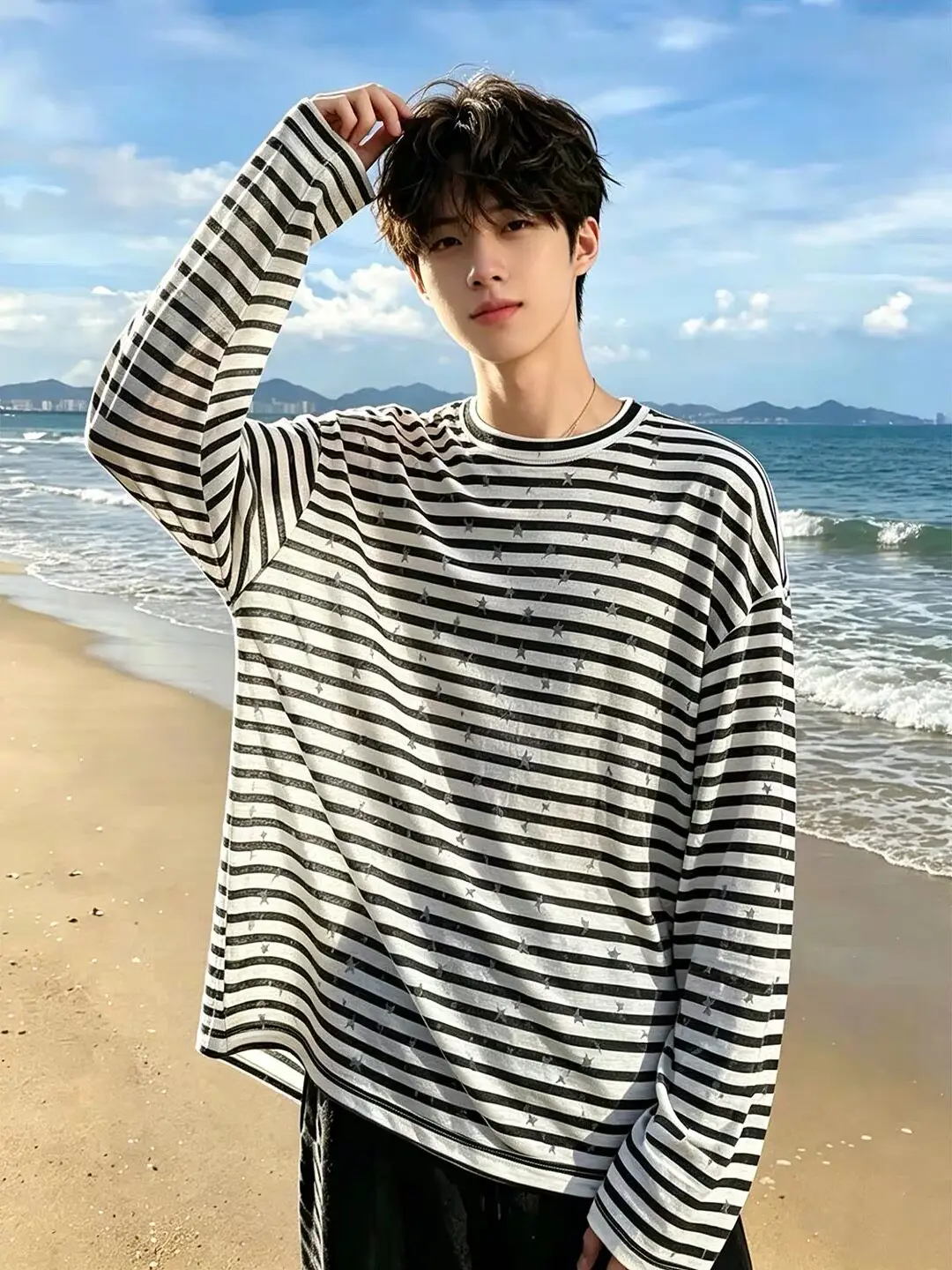 Loose Fit Long Sleeve Hoodie Men's Summer Thin Sun Protection T-Shirt Vintage Lazy Style Casual Loose Feeling Star Stripe Design