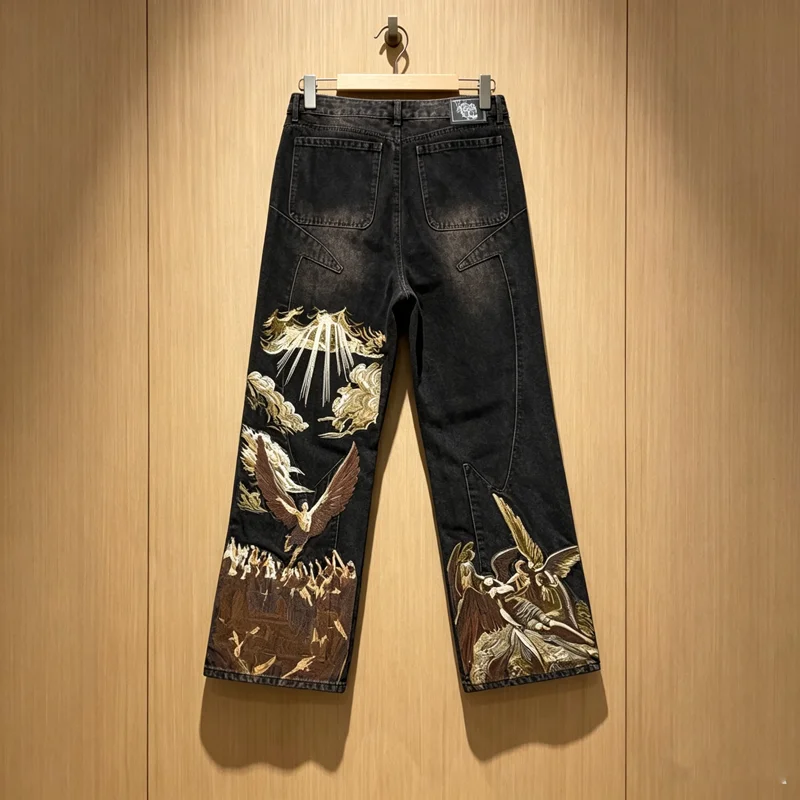American Vescartes Embroidery Angel Pattern Loose Straight Jeans Men Women High Quality Streetwear Pants Casual Cowboy Trousers