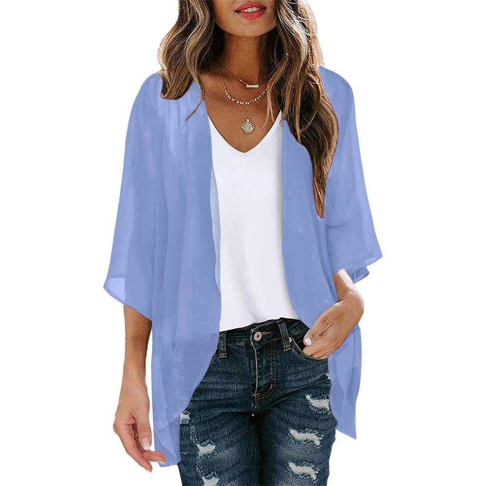 Women\'S Solid Elegant Puff Sleeve Chiffon Blouse Cardigan Loose Beach Cover Up Casual Long Sleeve Tops Summer Oversize Thin Tops