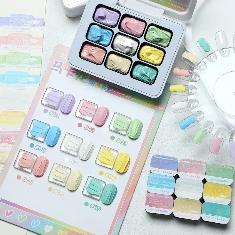 

9-colors Macaron Oil Painting Nail Polish Patting Glue Smudge Canned High Saturation Popular Semi-Solid Nail Polish-Ma Ka Long