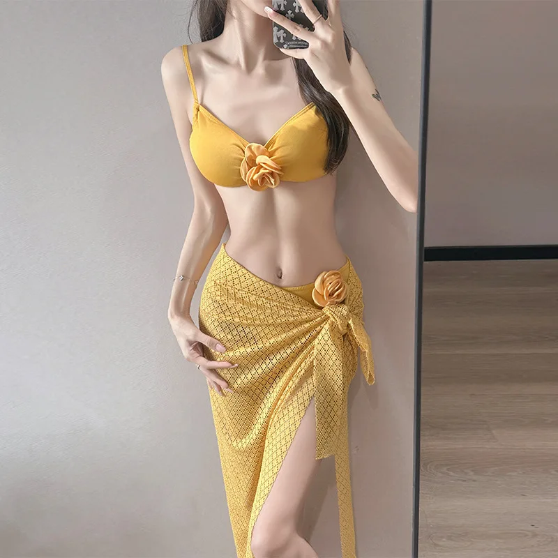 مثير kpop ثلاثية الأبعاد زهرة المرقعة البيكينيات مجموعات 3 قطعة المايوه مع غطاء طويل تنورة البيكينيات مبطن ملابس السباحة biquini Tankini bakini