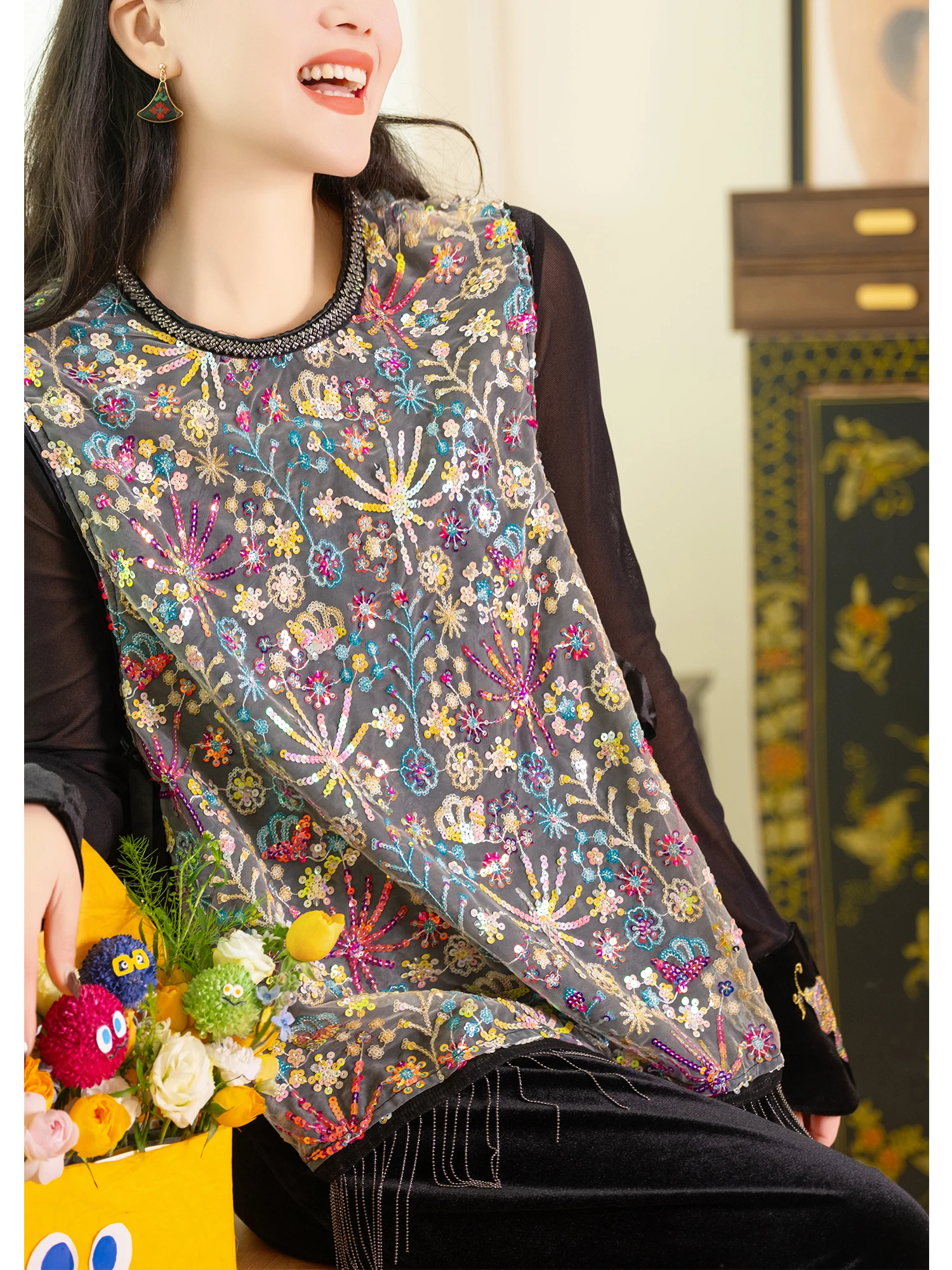 

Ele round Ne Beaded Tassel Trim Vest Women's Faion Series Heavy Embroidery Beads Side Tie Casual Wear