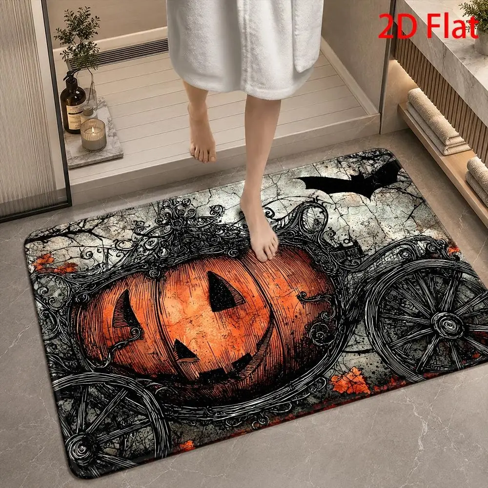 2D Flat Gothic Halloween Ornate Carriage & Pumpkin Area Rug, Dark‑romantic Soft Absorbent Floor Decor