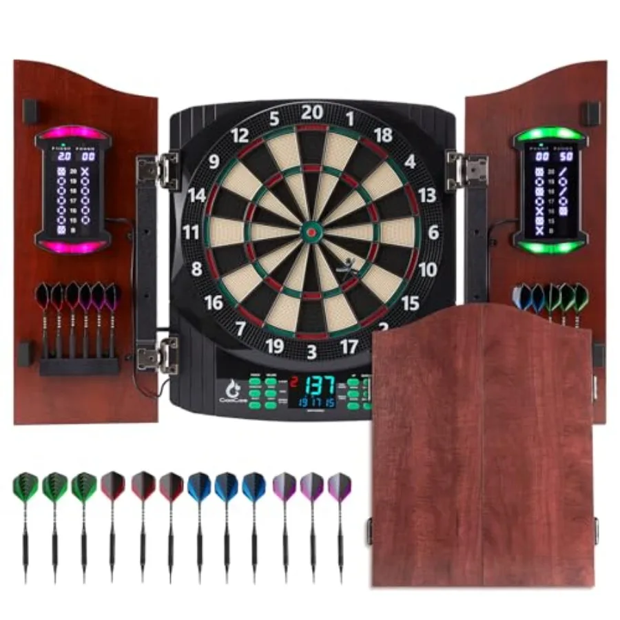 

Electronic dart board for game room man cave bar: wooden door, electric soft tip with heckler light effects, includes 12 darts