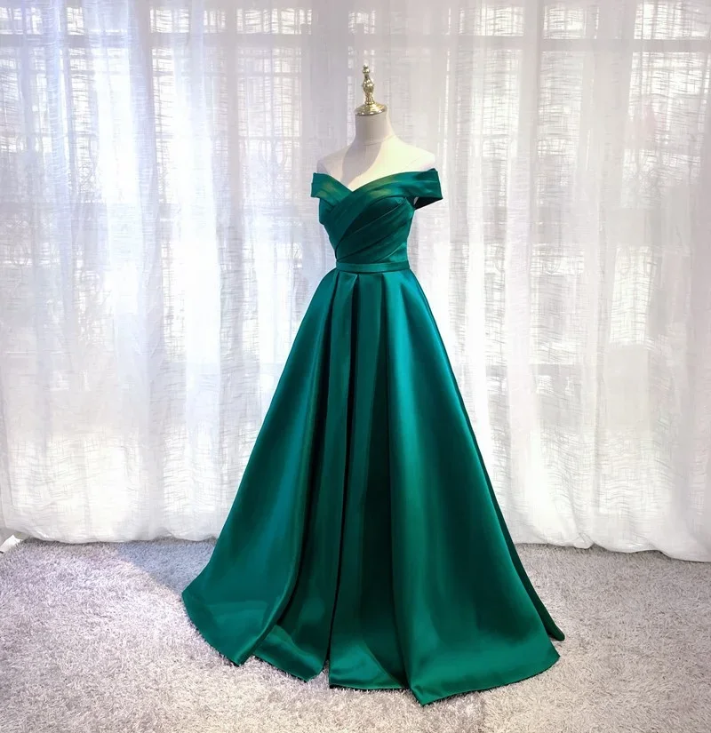 Customized Elegant Long Satin Evening Dresses Off The Shoulder Prom Dress Women Slim Waist Green Formal Gowns Wedding Maxi Dress