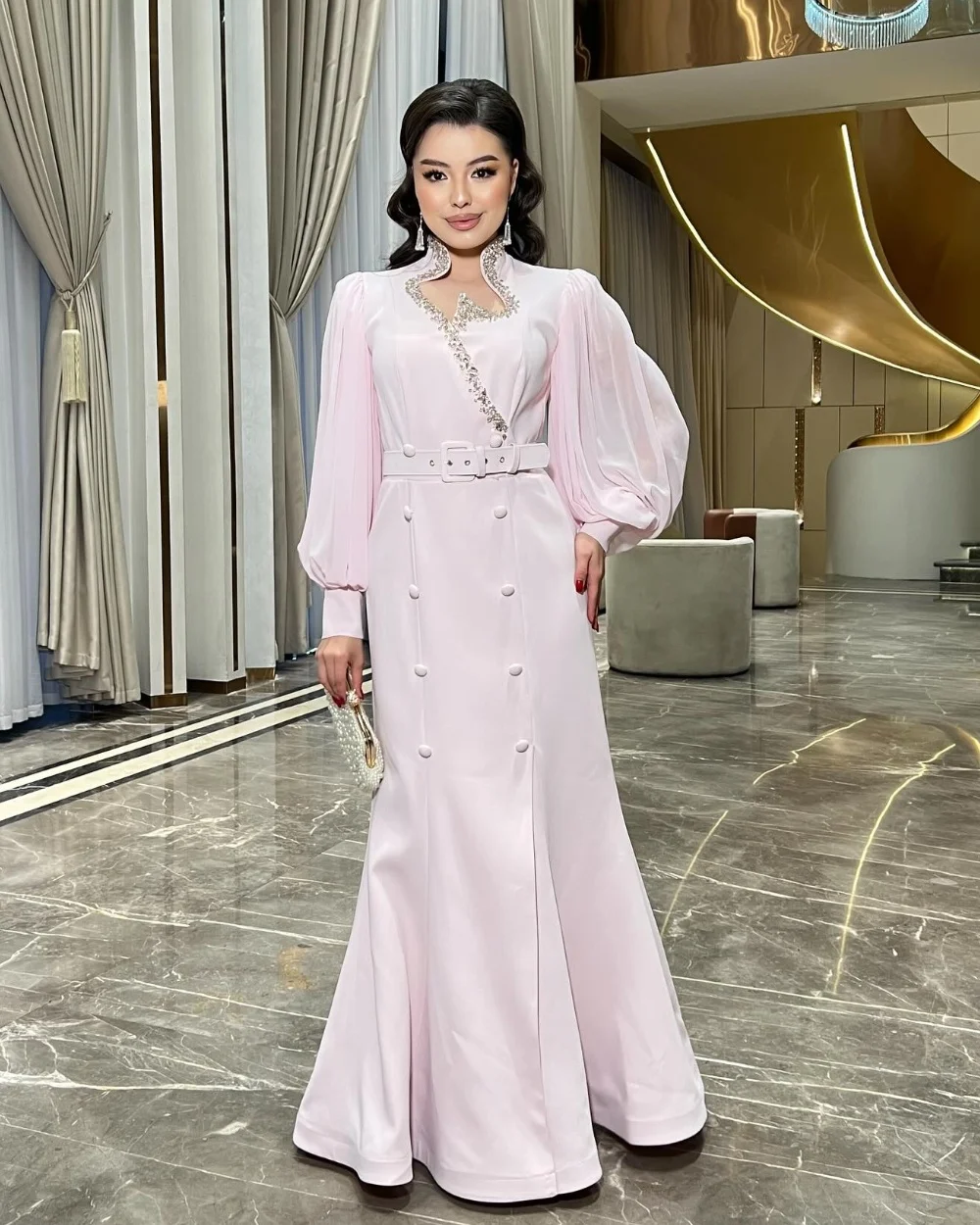 

Customized Intricate Matching Jersey Pleat Button Rhinestone Sash Mermaid High Collar Long Dresses Bespoke Occasion Dresses Sexy