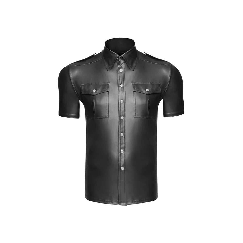 Camisa de uniforme de piel sintética para hombre, camiseta de manga corta con cuello, blusa de aspecto húmedo, camiseta con botones, disfraces de escenario para club nocturno, Tops